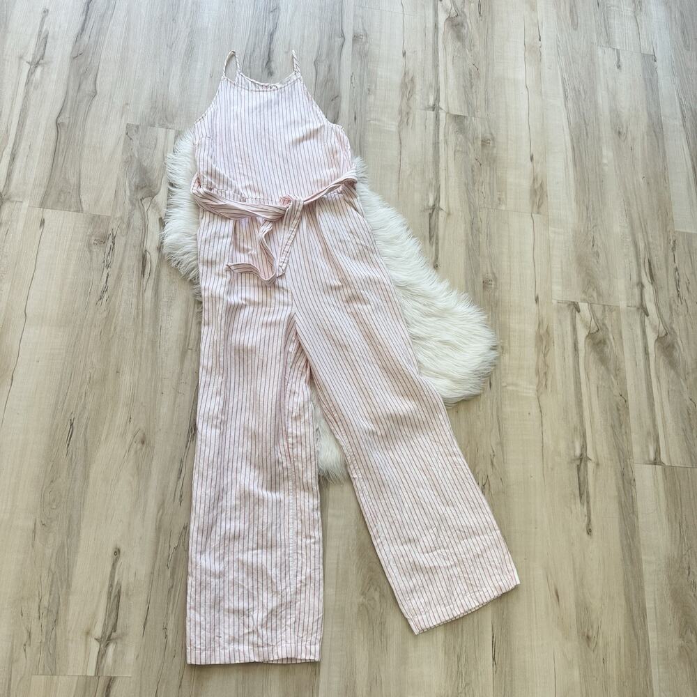 Loft pink Striped Belted Sleeveless Jumpsuit DG beach travel boho size 4